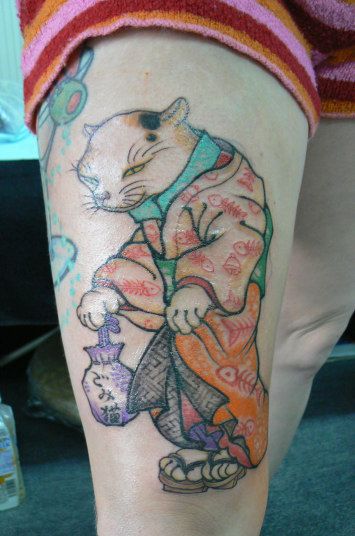 女性,足,化け猫,動物タトゥー/刺青デザイン画像