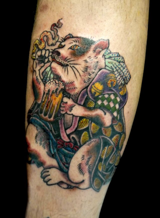 ふくらはぎ,猫,カラータトゥー/刺青デザイン画像