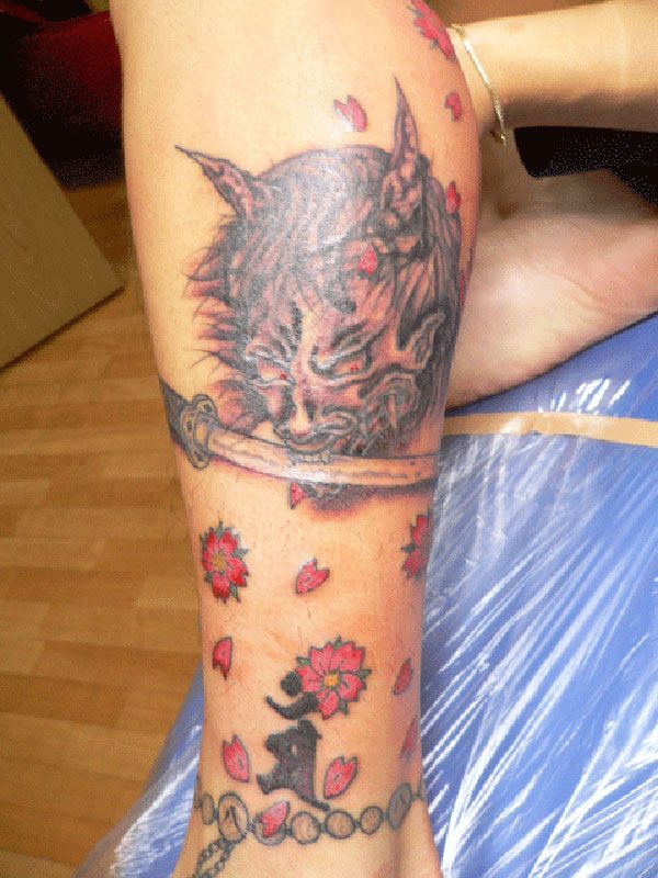 桜,梵字,数珠,足,花タトゥー/刺青デザイン画像
