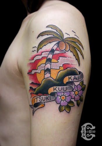 肩,ヤシの木,桜,文字タトゥー/刺青デザイン画像
