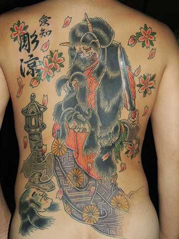 背中,腰,男性,着物,抜き,夜叉,カラータトゥー/刺青デザイン画像