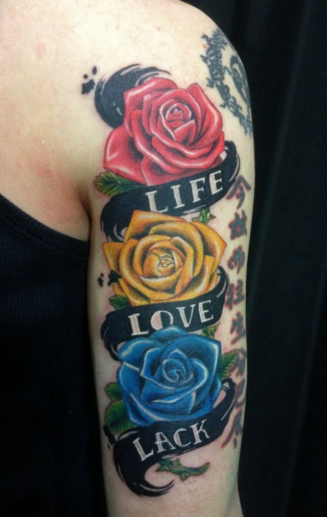 腕,薔薇,バラ,カラー,カラフルタトゥー/刺青デザイン画像