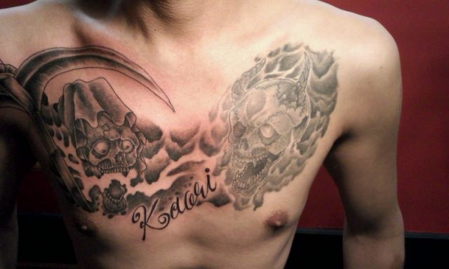 胸,死神,髑髏,ブラック＆グレータトゥー/刺青デザイン画像