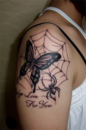 腕,女性,蝶,バタフライ,文字,糸,蜘蛛,ブラック＆グレータトゥー/刺青デザイン画像