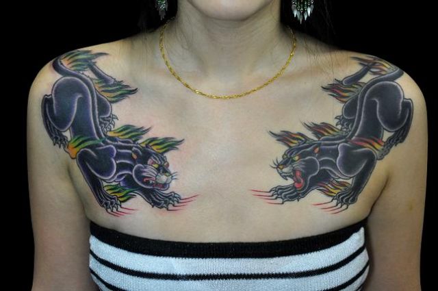 女性,胸,動物,虎,動物タトゥー/刺青デザイン画像