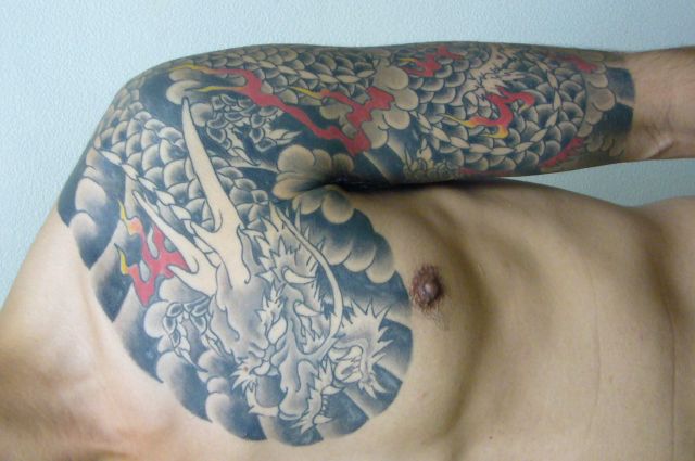 龍,腕,カラー,太鼓,五分袖タトゥー/刺青デザイン画像