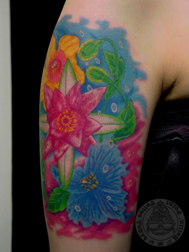 腕,女性,花,カラー,カラフルタトゥー/刺青デザイン画像