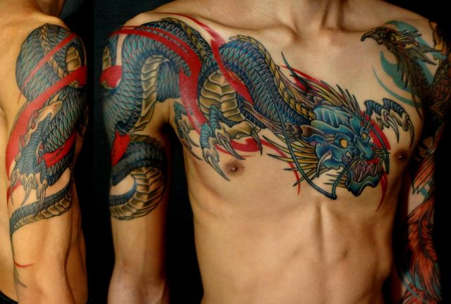 腕,胸,龍,カラー,青,カラフルタトゥー/刺青デザイン画像