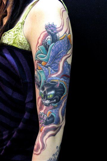 女性,腕,猫タトゥー/刺青デザイン画像