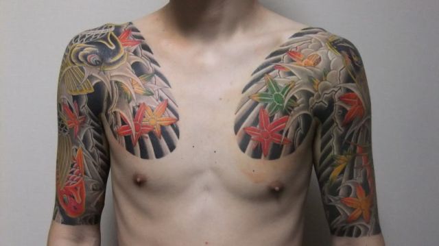 太鼓,五分袖,紅葉,鯉タトゥー/刺青デザイン画像