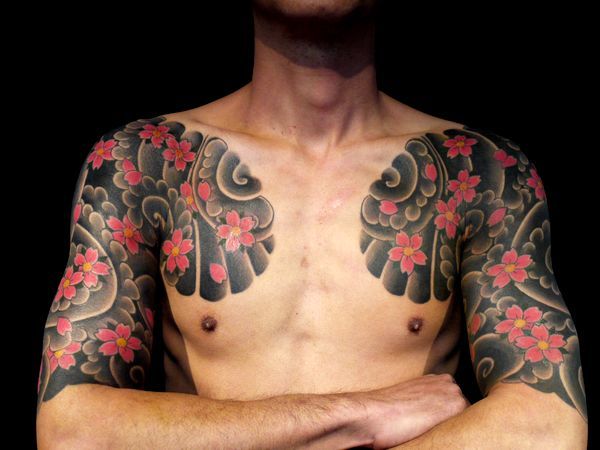 太鼓,胸,桜,五分袖タトゥー/刺青デザイン画像