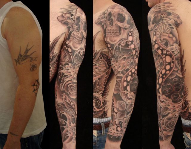 腕,スカル,蛇,薔薇,ブラック＆グレー,花タトゥー/刺青デザイン画像