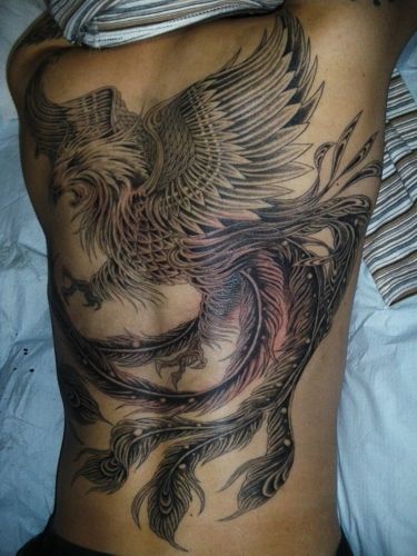 鳳凰,抜き,背中,ブラック＆グレー,鷲タトゥー/刺青デザイン画像