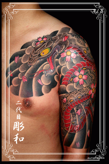 太鼓,五分袖,蛇,桜タトゥー/刺青デザイン画像