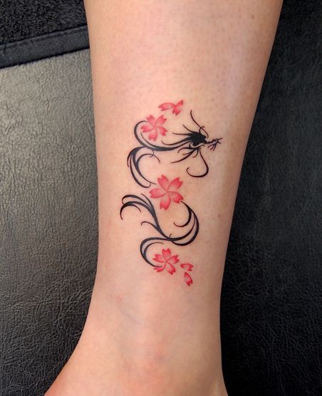 足,足首,女性,龍,ワンポイント,トライバル,桜,カラータトゥー/刺青デザイン画像