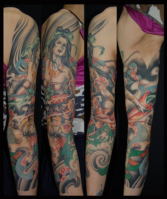 腕,手,女性,二の腕,天女,カラータトゥー/刺青デザイン画像