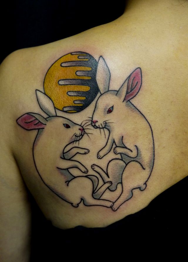 肩,女性,兎,うさぎ,カラータトゥー/刺青デザイン画像