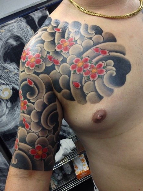 桜,カラー,腕,太鼓,五分袖タトゥー/刺青デザイン画像