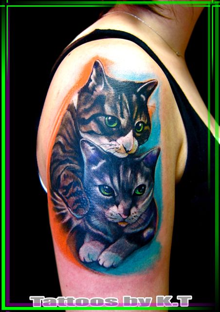 肩,女性,猫,カラー,カラフルタトゥー/刺青デザイン画像