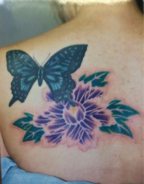 蝶,カラー,肩タトゥー/刺青デザイン画像