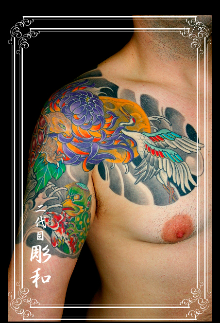 太鼓,額,鶴,牡丹,鯉,河童タトゥー/刺青デザイン画像