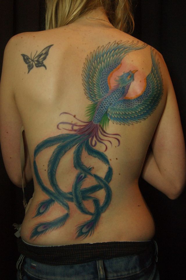 背中,腰,女性,鳳凰,フェニックス,青タトゥー/刺青デザイン画像