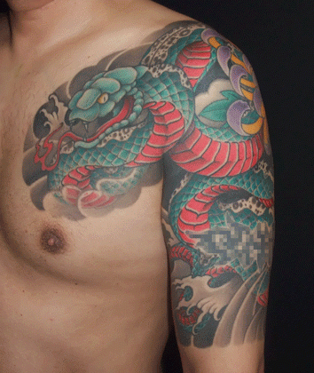 牡丹,蛇,太鼓,五分袖タトゥー/刺青デザイン画像