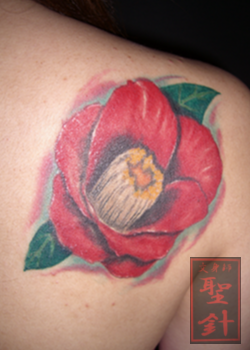 背中,女性,ワンポイント,花,ポートレート,椿,カラータトゥー/刺青デザイン画像