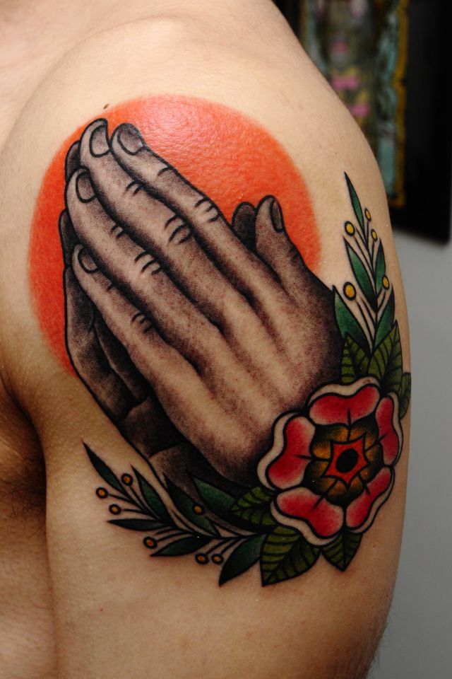 肩,ハンド,薔薇,花タトゥー/刺青デザイン画像