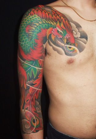 腕,太鼓,カラー,鳳凰タトゥー/刺青デザイン画像