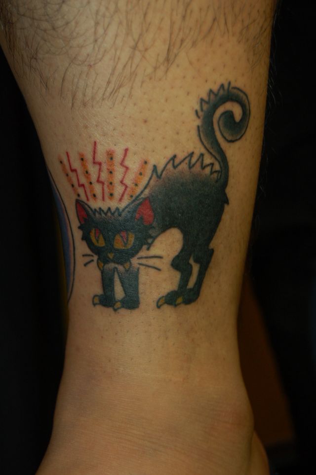 足,足首,女性,男性,猫,カラー,カラフルタトゥー/刺青デザイン画像