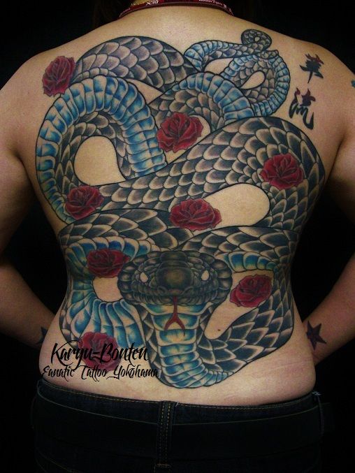 背中,大蛇,蛇,薔薇,バラ,カラー,青タトゥー/刺青デザイン画像