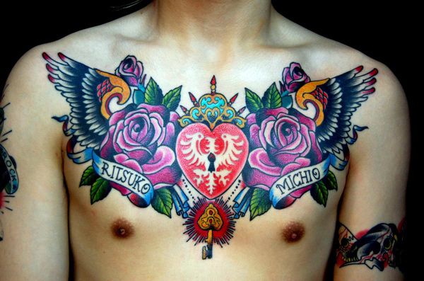 胸,薔薇,羽,ハート,鍵,花タトゥー/刺青デザイン画像
