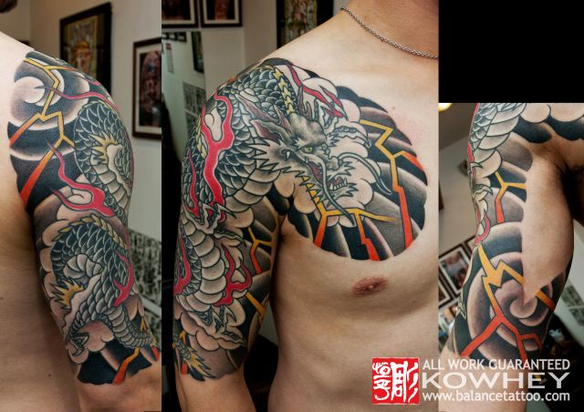 腕,龍,五分袖,カラー,太鼓タトゥー/刺青デザイン画像