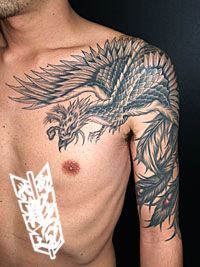 鳳凰,五分袖,ブラック＆グレータトゥー/刺青デザイン画像