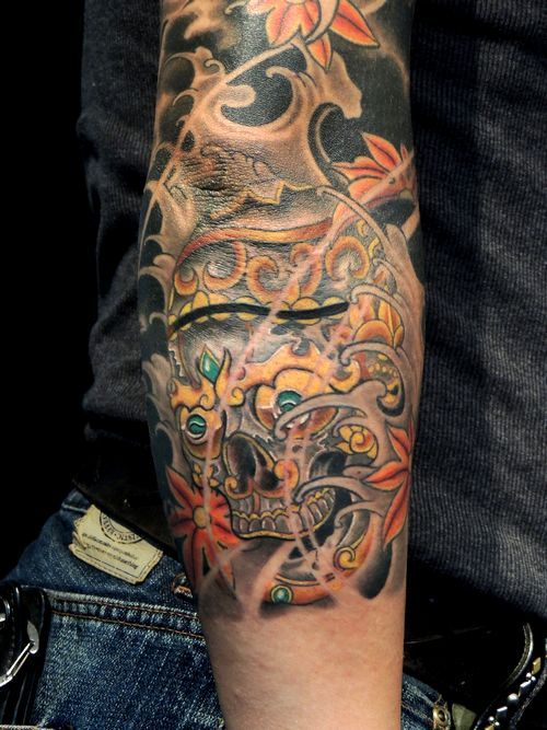 スカル,腕,額,カラータトゥー/刺青デザイン画像