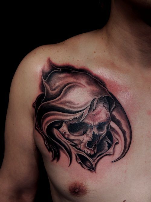 スカル,死神,胸,ブラック＆グレータトゥー/刺青デザイン画像