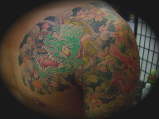 面,桜,五分袖,太鼓,花タトゥー/刺青デザイン画像