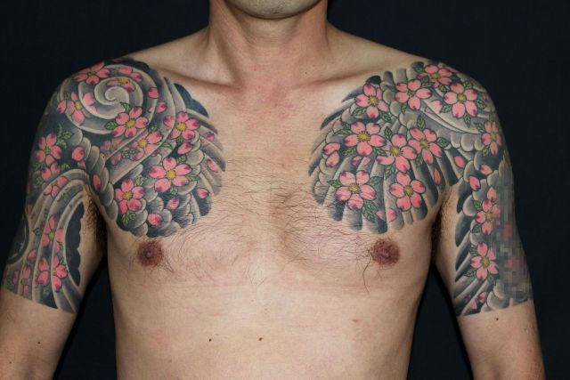 腕,肩,男性,胸,胸,桜吹雪,カラータトゥー/刺青デザイン画像