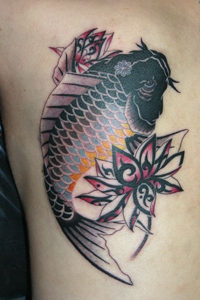 鯉,百合,植物,花タトゥー/刺青デザイン画像