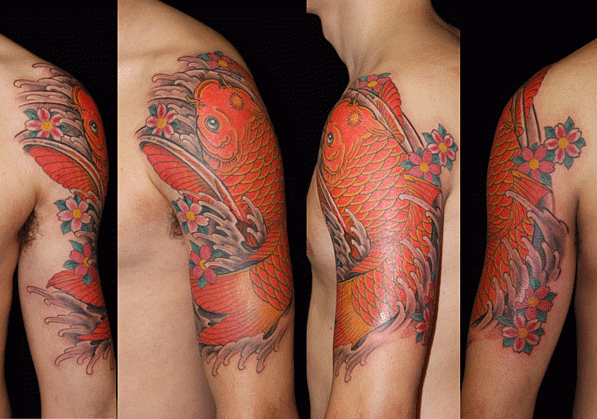 肩,鯉,桜タトゥー/刺青デザイン画像