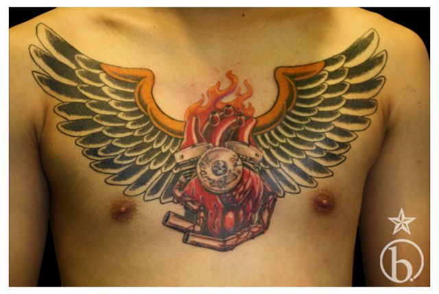 胸,羽,機械,心臓タトゥー/刺青デザイン画像