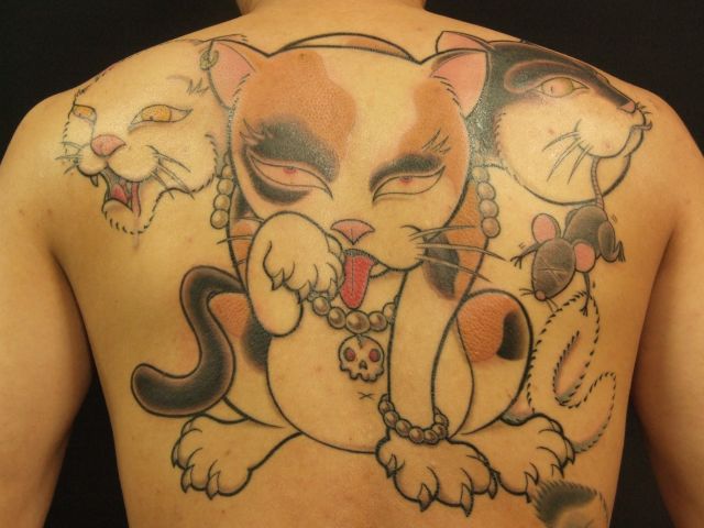 背中,猫,ケルベロス,動物タトゥー/刺青デザイン画像