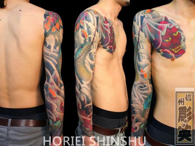 腕,胸,鯉,大蛇,蛇,般若,蓮,九分袖,カラータトゥー/刺青デザイン画像