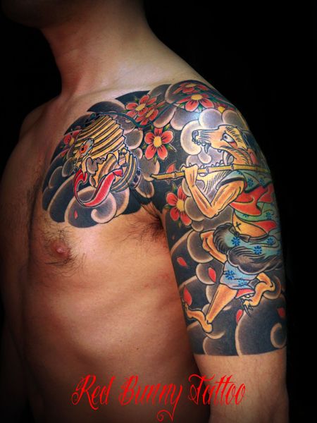 腕,肩,胸,男性,妖怪,ブラック＆グレー,カラータトゥー/刺青デザイン画像