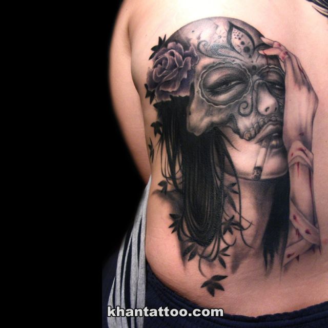 背中,女性,人物,ブラック＆グレータトゥー/刺青デザイン画像