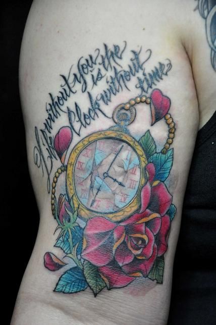 腕,薔薇,時計,文字,女性,花タトゥー/刺青デザイン画像