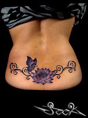 背中,腰,女性,蝶,バタフライ,蓮,カラー,カラフルタトゥー/刺青デザイン画像