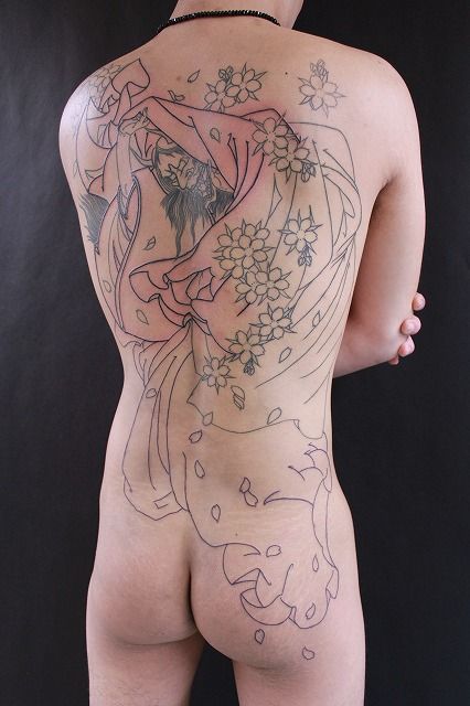 背中,鬼,スジ彫りタトゥー/刺青デザイン画像