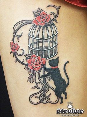 ワンポイント,猫,薔薇,女性,動物タトゥー/刺青デザイン画像